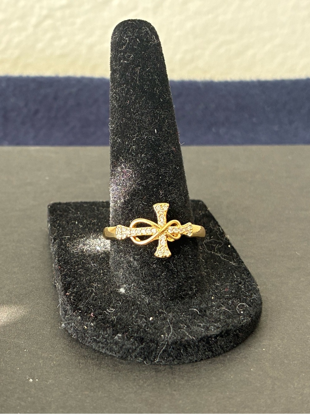 Gold Tone Cross Ring with Clear Crystals - Women's Jewelry Sz 8